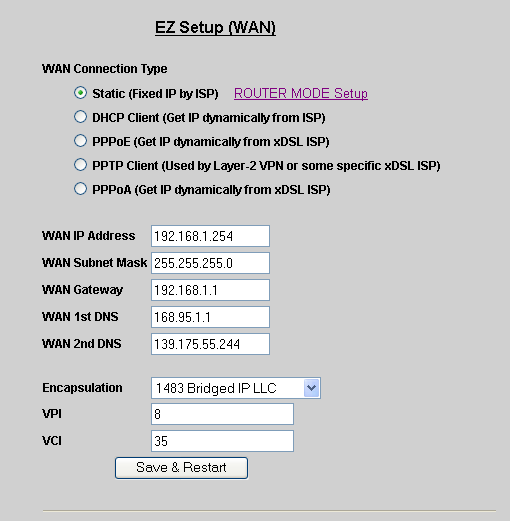 2 6 3 4 2 Część 2: Wybierz usługę dostarczaną przez dostawcę: Static, DHCP, PPPoE, PPTP, PPPoA W zależności od dokonywanego wyboru, okno zmieni się.