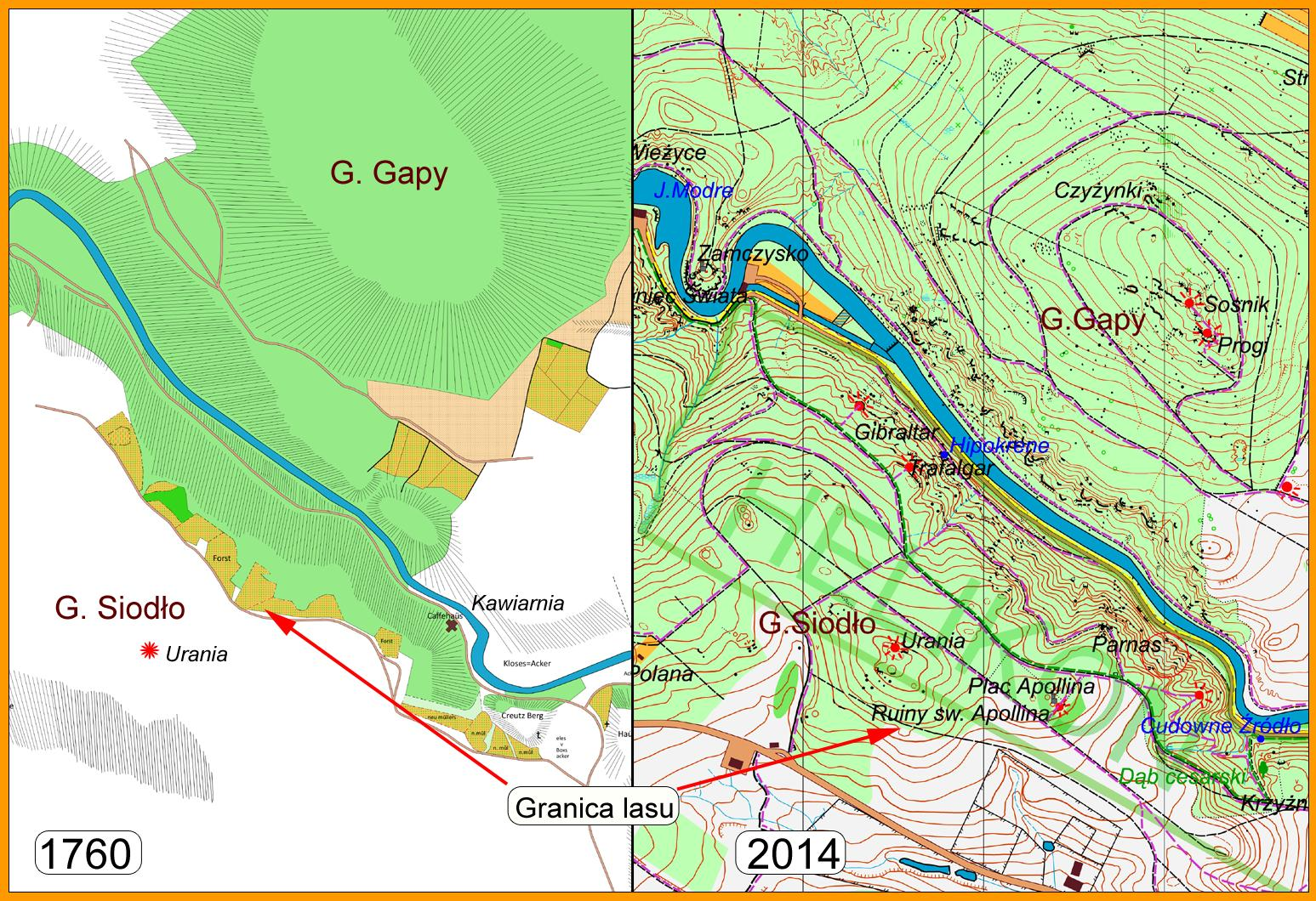 Rys. 5 Góra Siodło w 1760 r. i w 2014 r. porównanie. Mapa z 1760 r.