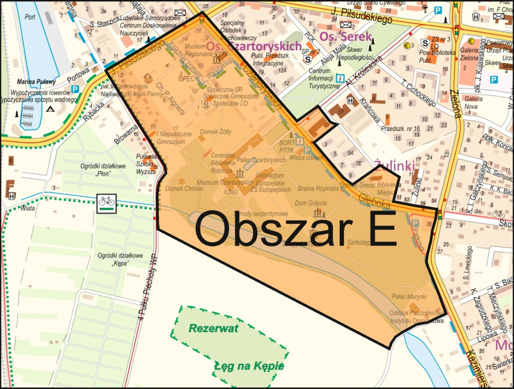 Wyznaczony obszar rewitalizowany E Granice obszaru Obszar rewitalizacji E obejmuje teren ograniczony ulicami: Czartoryskich, Piłsudskiego, 4 Pułku Piechoty Wojska Polskiego, Kazimierską