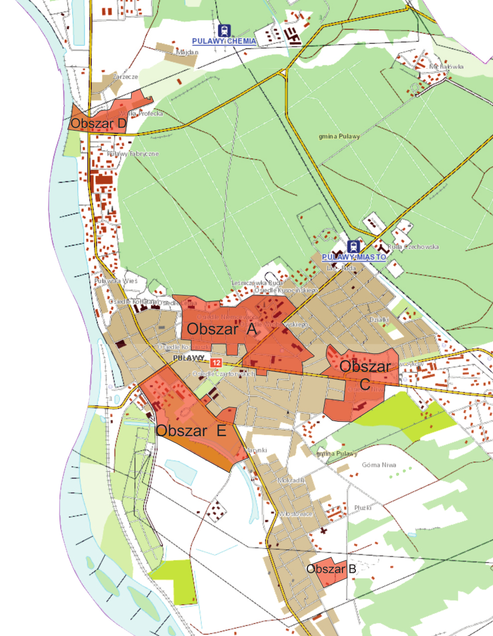 Mapa przedstawiająca wyznaczone obszary