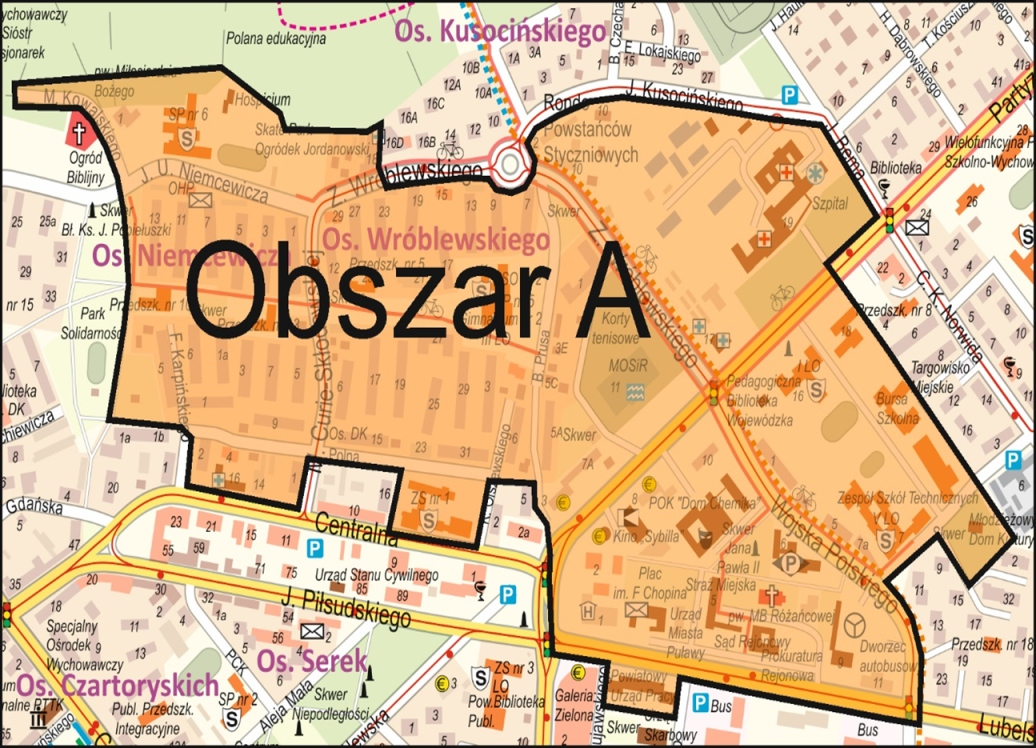 Wyznaczony obszar rewitalizowany A Granice obszaru Mapa przedstawia obszar zdegradowany A, obejmujący swym zasięgiem ulice: Kowalskiego, Niemcewicza, Polną, Prusa,Wróblewskiego, część alei