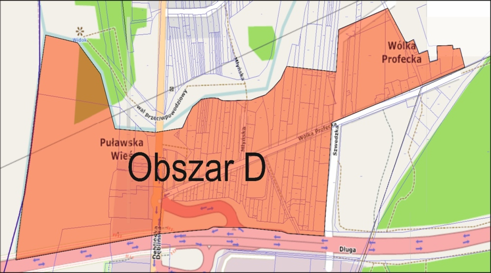 Wyznaczony obszar rewitalizowany D Granice obszaru Mapa przedstawia obszar rewitalizacji D, który zlokalizowany jest w rejonie ulic Wólka Profecka, Dęblińska, Szwedzka, Młyńska,