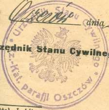 137 Odcisk 14 Rok 1934, 12 września. Odcisk pieczęci urzędowej urzędnika stanu cywilnego rzymskokatolickiej parafii Oszczów.