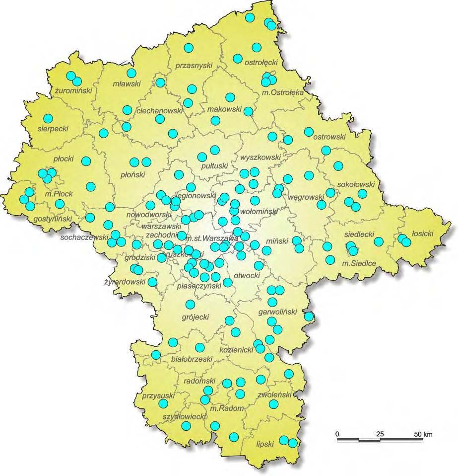 Działalność inspekcyjna Najważniejsze problemy oczyszczanie ścieków komunalnych, realizacja KPOŚK Komunalne oczyszczalnie ścieków > 2000 RLM w województwie mazowieckim W mazowieckim powstaje 272,2 hm