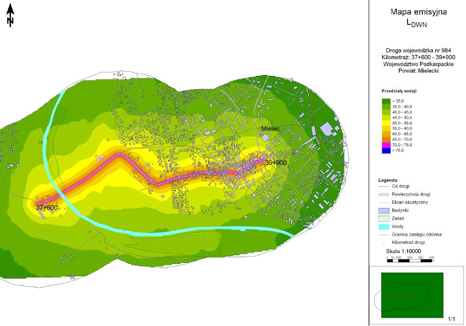 Rysunek 7. Mapa akustyczna dla drogi wojewódzkiej nr 984 61 Teren miasta został również częściowo objęty mapą akustyczną w związku przebiegiem drogi wojewódzkiej nr 985.
