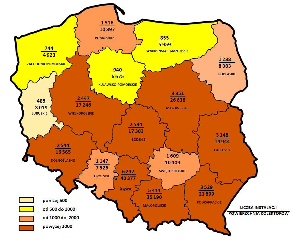 Szacunkowa sprzedaż kolektorów słonecznych w Polsce w latach 2008-2012 w podziale na województwa.