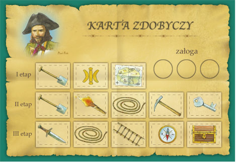 Każdy gracz otrzymuje też swoją Kartę Zdobyczy (rys.6), przedstawiającą jakie rekwizyty musi odnaleźć, aby zdobyć upragniony skarb.