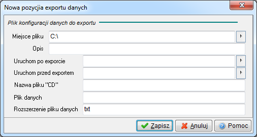 4. Po wybraniu Dodaj wyświetli się okno Nowa pozycja exportu danych. Miejsce pliku lokalizacja, w której utworzy się plik wyjściowy z danymi. Domyślnie podpowiadany jest dysk C:\.