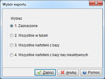 5. Po zdefiniowaniu wszystkich niezbędnych pól do wykonania exportu klikamy na przycisk Start. 6. W oknie Wybór exportu określamy jakie kartoteki mają być wyeksportowane z systemu Stramsoft Prestiż.