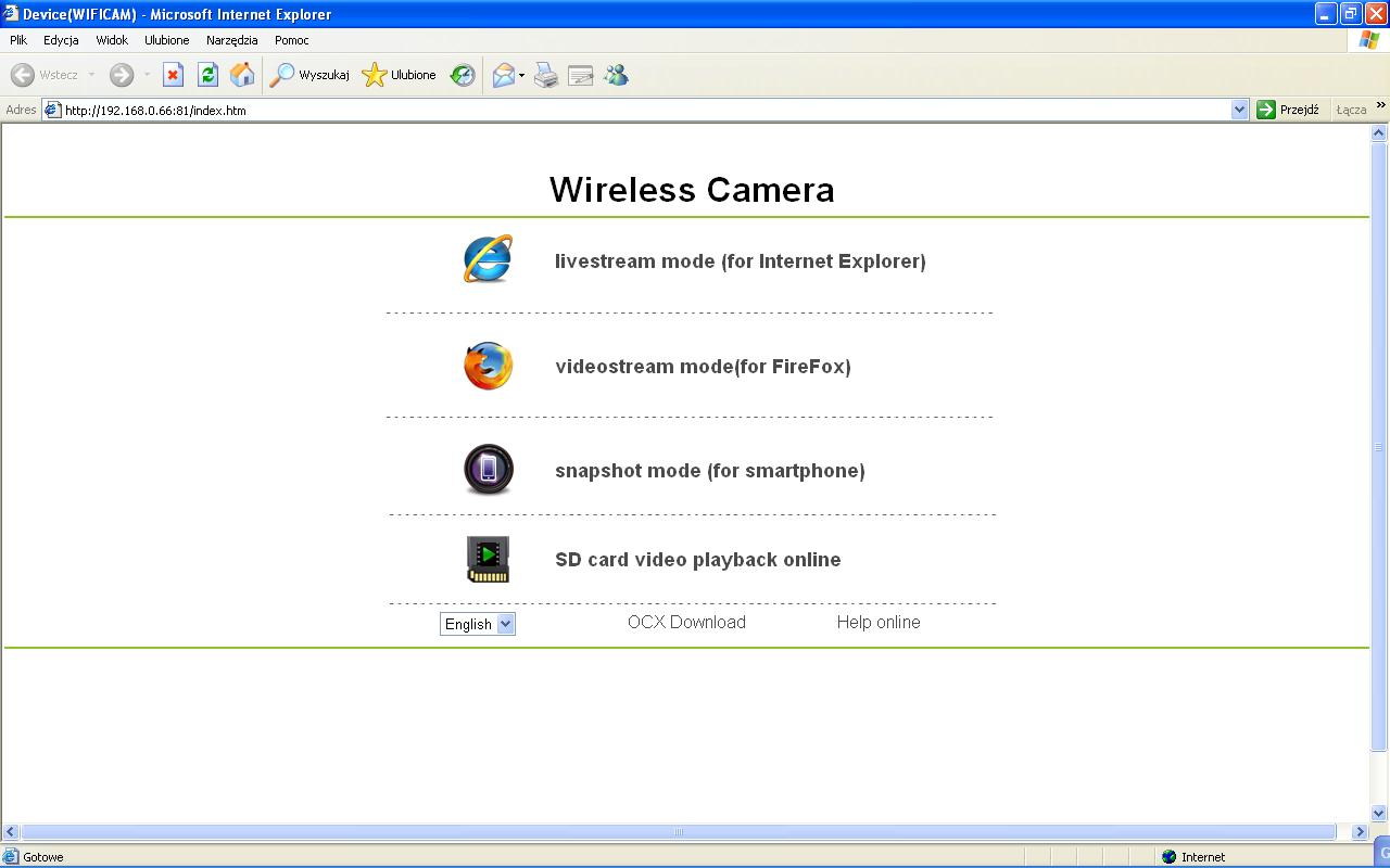 INSTRUKCJA OBSŁUGI URZĄDZENIA ZA POMOCĄ PRZEGLĄDARKI INTERNETOWEJ 1. Interface wstępny. Livestream mode (for Internet Explorer) służy do zarządzania kamerą za pomocą przeglądarki Internet Explorer.