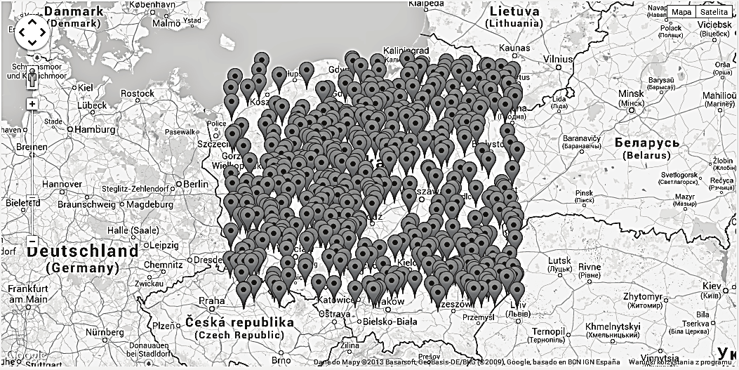 230 Andrzej Dudek Rys.. Zjawisko zlewania się markerów na mapie Źródło: opracowanie własne z wykorzystaniem map Google.