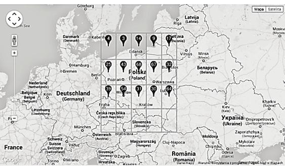 Metody analizy skupień w klasyfikacji markerów map Google 23 a) b) c) d) a, b podział według siatki geograficznej; c podział według jednostek administracyjnych poszczególne odcienie szarości