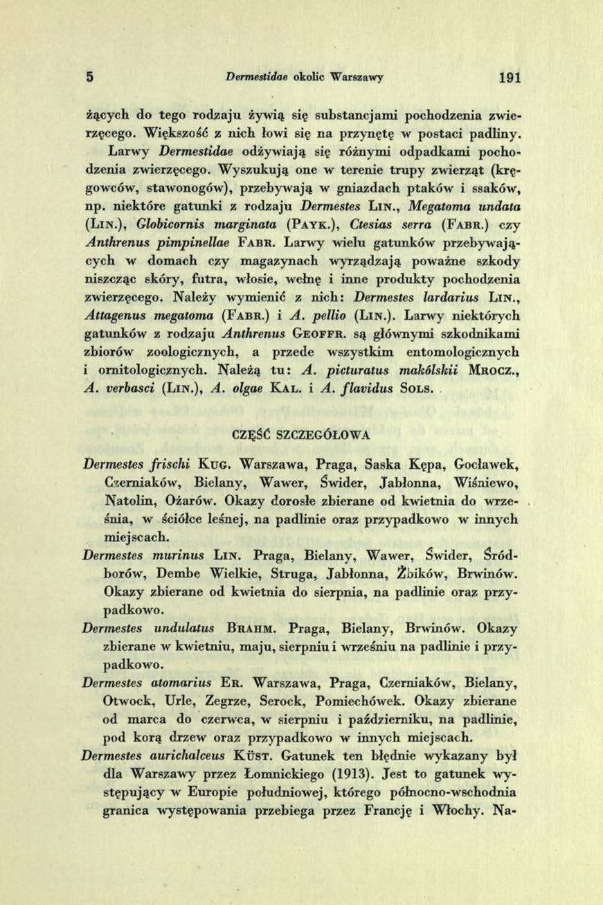 5 Dermestidae okolic Warszawy 1 9 1 żących do tego ro d z a ju żywią się substancjam i pochodzenia zwierzęcego. W iększość z nich łowi się n a przynętę w postaci padliny.