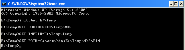 Przejście do wnętrza katalogu Temp i uruchomienie w nim konsoli systemowej za pomocą polecenia cmd. Uruchomienie w tej nowo utworzonej konsoli systemowej pliku init.