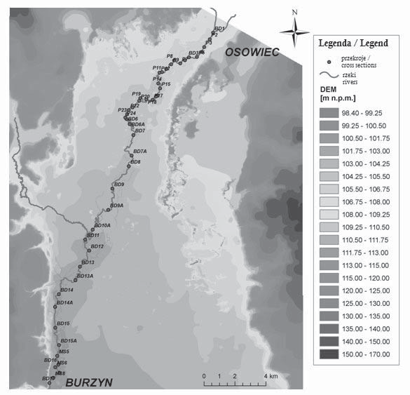 RYSUNEK 3. Model wysokościowy terenu Basenu Dolnej Biebrzy oraz lokalizacja przekrojów obliczeniowych FIGURE 3.