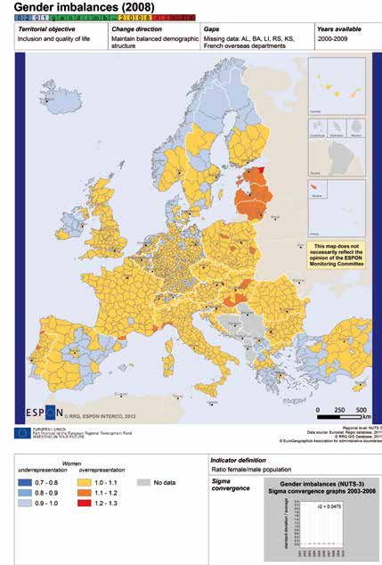 4. Monitoring spójności terytorialnej Opis zróżnicowania: Większość europejskich regionów cechowała się w 2008 roku nieznaczną nadreprezentacją kobiet.