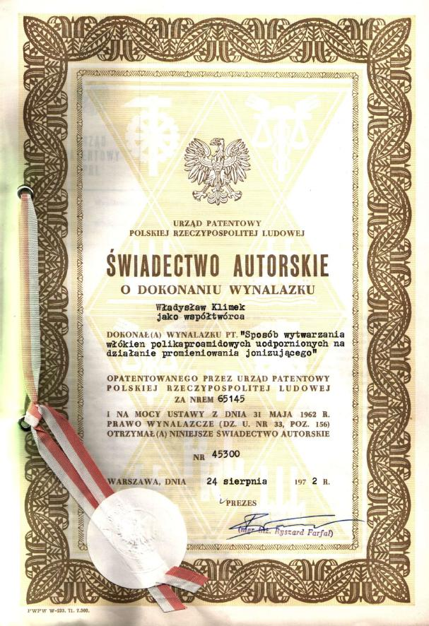 Owocem pracy naukowej w Stilonie jest świadectwo autorskie wystawione przez Urząd Patentowy o dokonaniu przez Władysława