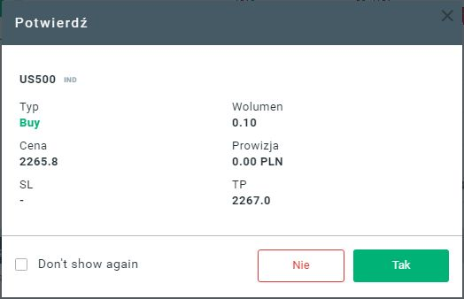 Dodatkowo w łatwy sposób można dodać wartość zlecenia obronnego Stop loss oraz zlecenie Take Profit aktywując ikonę. Następnie należy wprowadzić wartości.