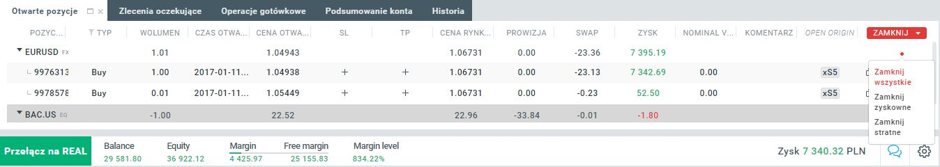 Zamknięcie pozycji Zamknięcie pozycji możemy przeprowadzić: dwukrotnie klikając na pozycji - pojawi się okno egzekucji, należy wybrać wolumen oraz kliknąć zamknij poprzez rozwinięcie pozycji,