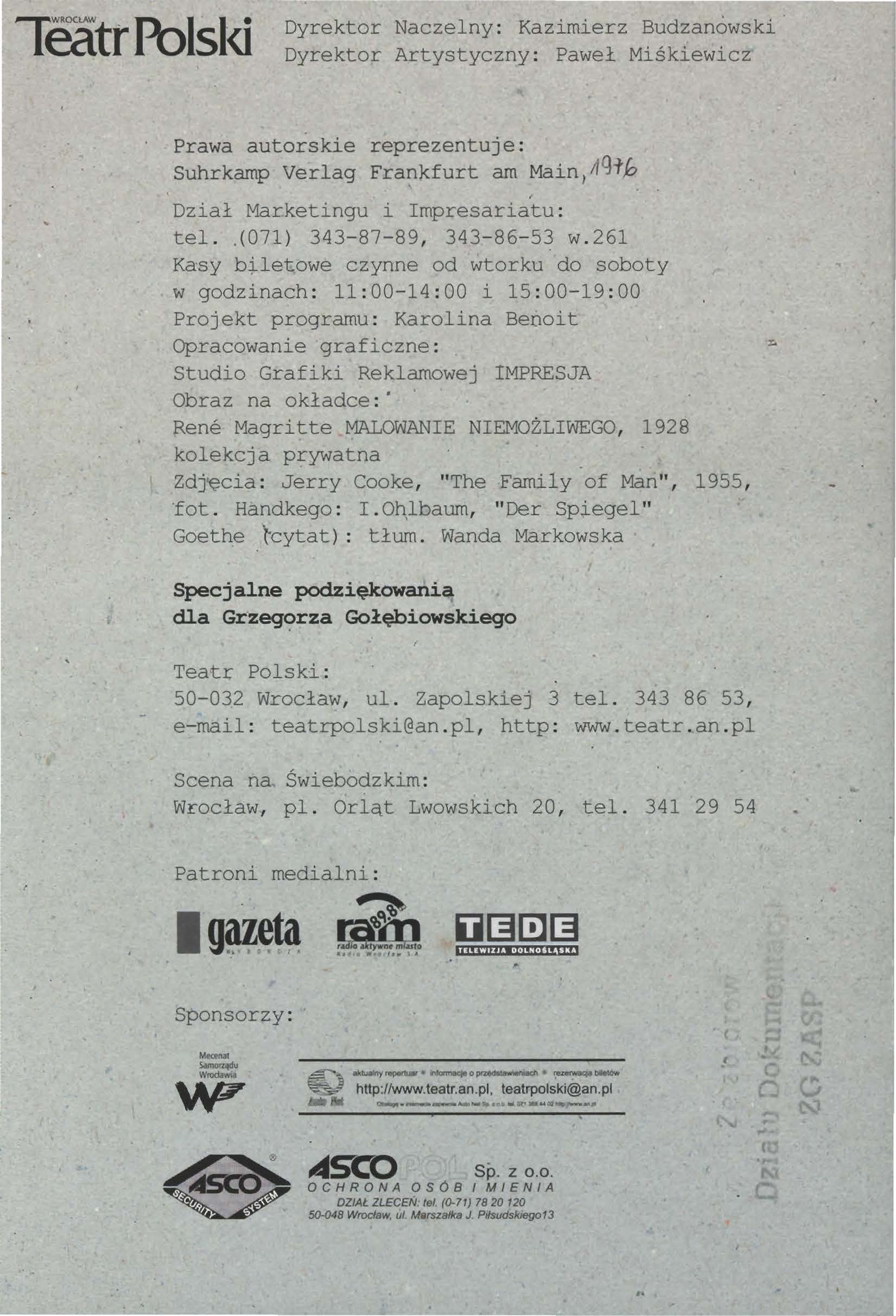łeatr Polski Dyrektor Naczelny: Kazimierz Budzan6wski.