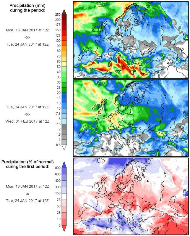 Strona 5 z 5 2017 (górna mapa) i okresie 24 stycznia - 1 lutego 2017 (środkowa mapa), a także procentowe odchylenie wielkości opadów od normy w