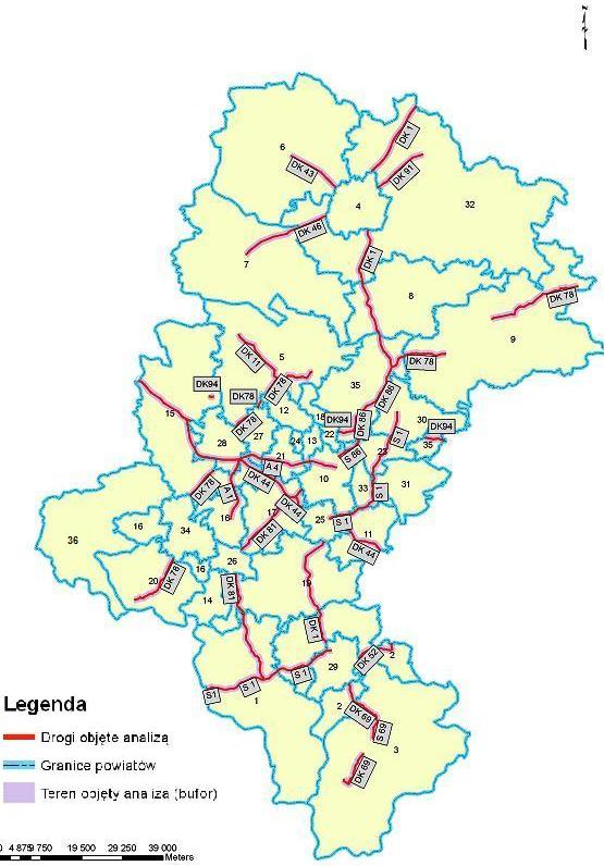 Obszar objęty zakresem aktualnie opracowywanego Programu ochrony środowiska przed hałasem 1. Odcinki dróg krajowych w zarządzie Generalnej Dyrekcji Dróg Krajowych i Autostrad ok.