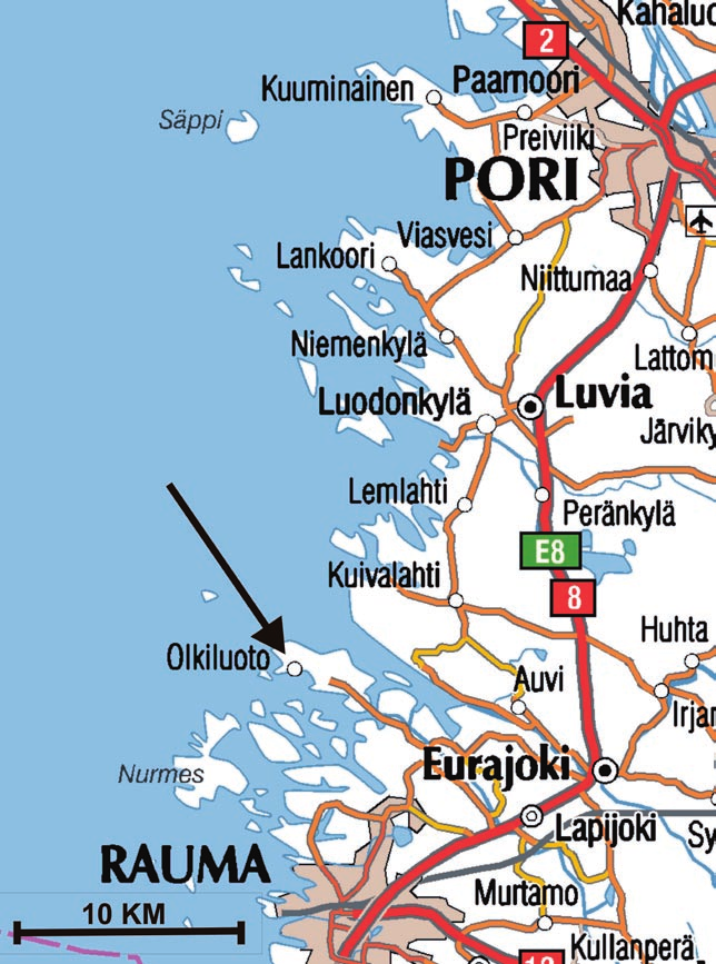 Rysunek 2. Położenie Eurajoki i Olkiluoto. Eurajoki leży przy drodze krajowej nr 8 (E8). Odległość od drogi krajowej nr 8 do elektrowni Olkiluoto wynosi około 14 kilometrów.