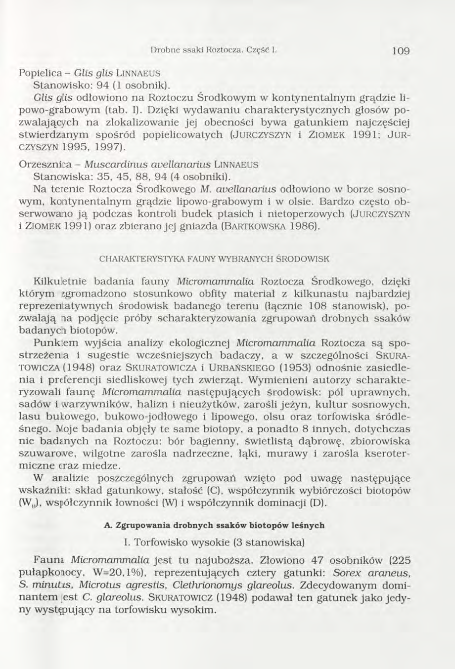 Drobne ssaki Roztocza. Część I. 1 09 P o p ie lic a - Glis glis L in n a e u s Stanow isko: 94 (1 osobnik). Glis glis odłowiono n a Roztoczu Środkowym w kontynentalnym grądzie lipowo-grabowym (tab.