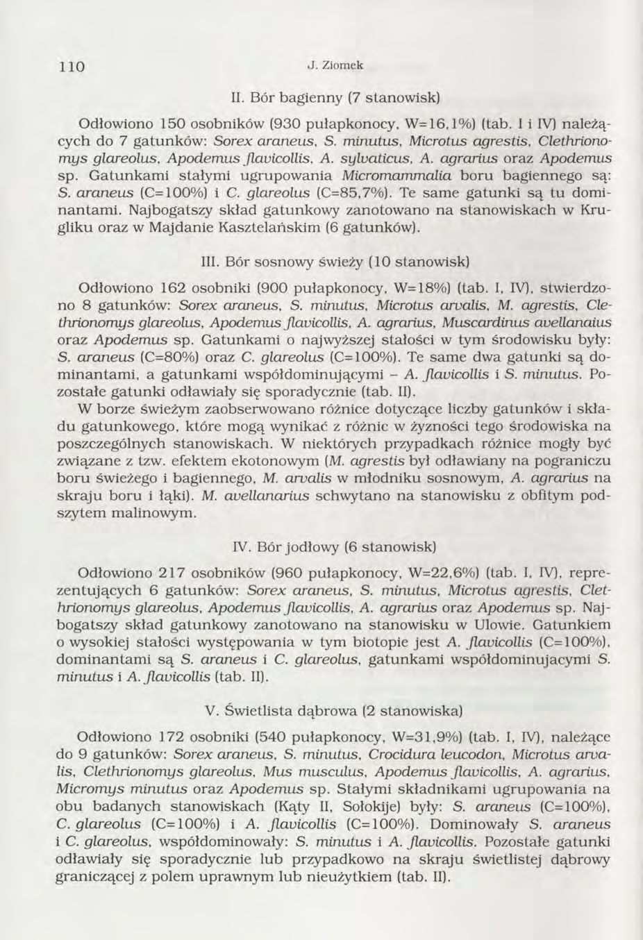 1 1 0 J. Ziomek II. Bór bagienny (7 stanow isk) Odłowiono 150 osobników (930 pułapkonocy, W = 16,1%) (tab. I i IV) n ależących do 7 gatunków : Sorex araneus, S.