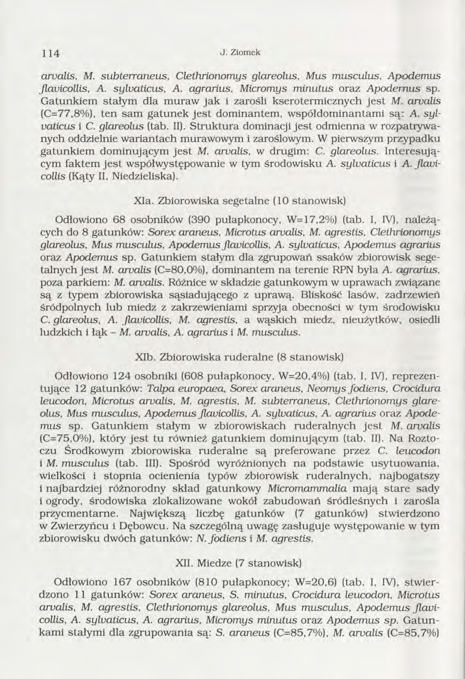 114 J. Ziomek arualis, M. subterraneus, Clethrionomys glareolus, Mus musculus, A podem us Jlavicollis, A. sylvaticus, A. agrarius, Micromys m inutus oraz A podem us sp.