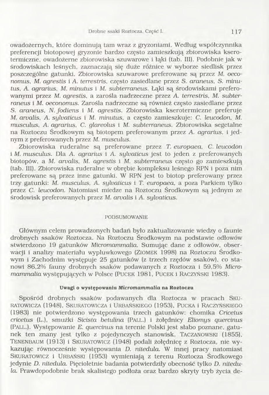 D robne ssaki Roztocza. Część I. 117 owadożernych, które dom inują tam wraz z gryzoniami.