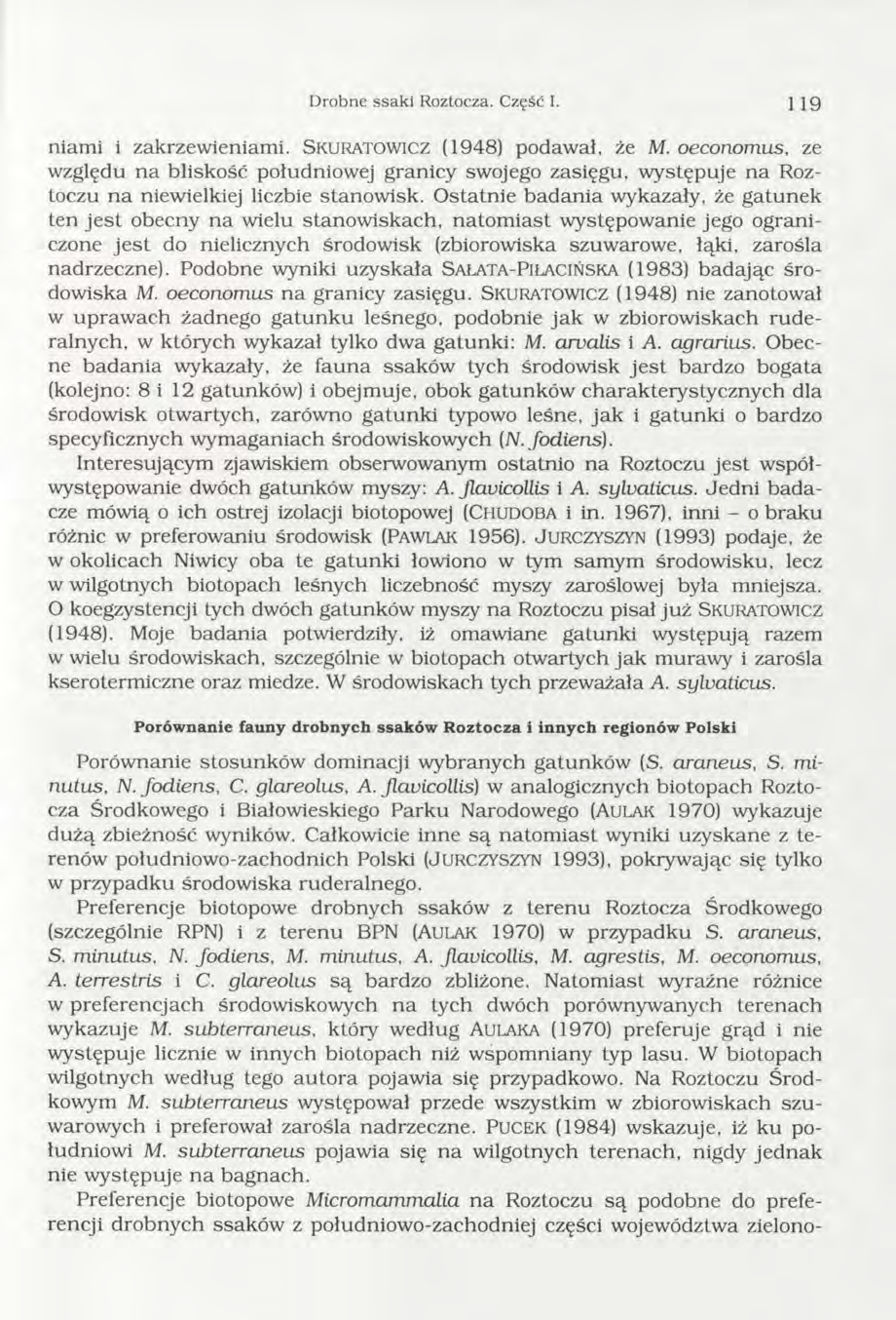 D robne ssaki Roztocza. Część I. 119 niam i i zakrzewieniam i. S k u r a t o w ic z (1948) podawał, że M.