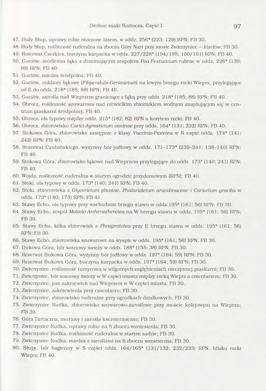 Drobne ssaki Roztocza. Część I. 9 7 47. Biały Słup, upraw y rolne otoczone lasem, w oddz. 256* (223; 129) RPN; FB 30. 48.