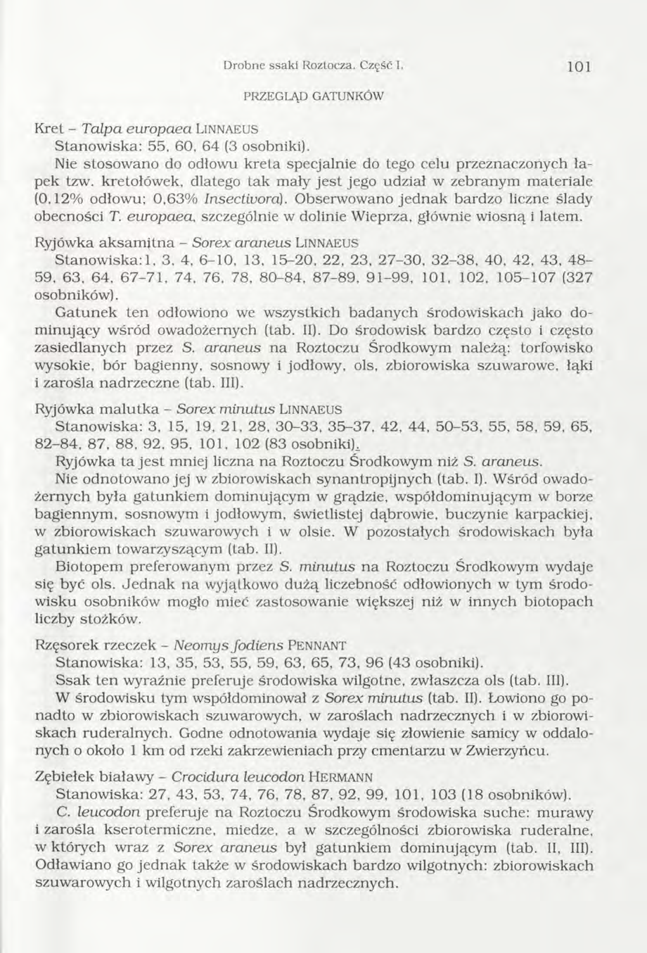 D robne ssaki Roztocza. Część I. 101 PRZEGLĄD GATUNKÓW Kret - Talpa europaea Lin n a e u s Stanow iska: 55, 60, 64 (3 osobniki).