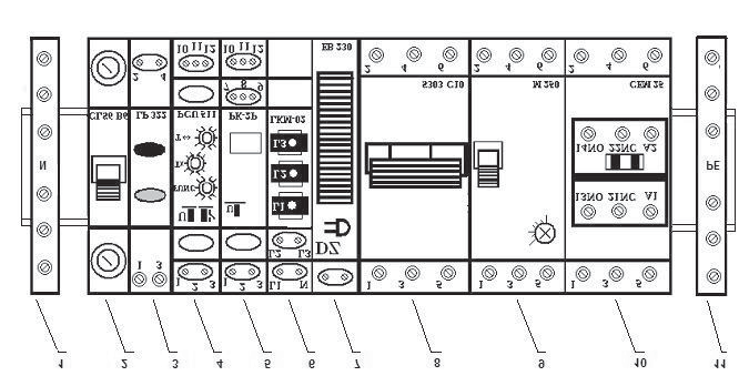 Rys. 1. Rozmieszczenie aparatów i urz dze elektrycznych na szynie TH35. 1. Z czka N 2. Wy cznik nadpr dowy CLS B10 (F1) 3. Zespó przycisków sterowniczych LP 322 (S1,S2) 4.