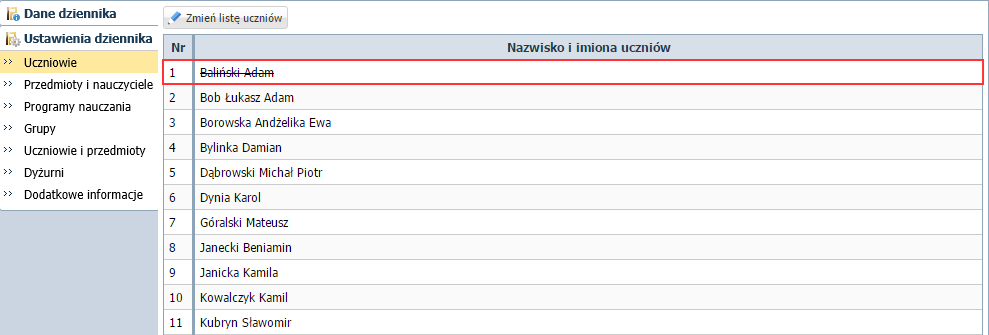 Zapisz zmiany, klikając przycisk Zapisz. Uczeń pozostanie na liście uczniów, ale zostanie przekreślony.