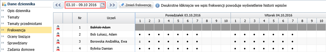 prezentowana jest poprzez wyszarzenie komórek w wierszu ucznia). Dopisanie ucznia do dziennika oddziału w technikum 1.