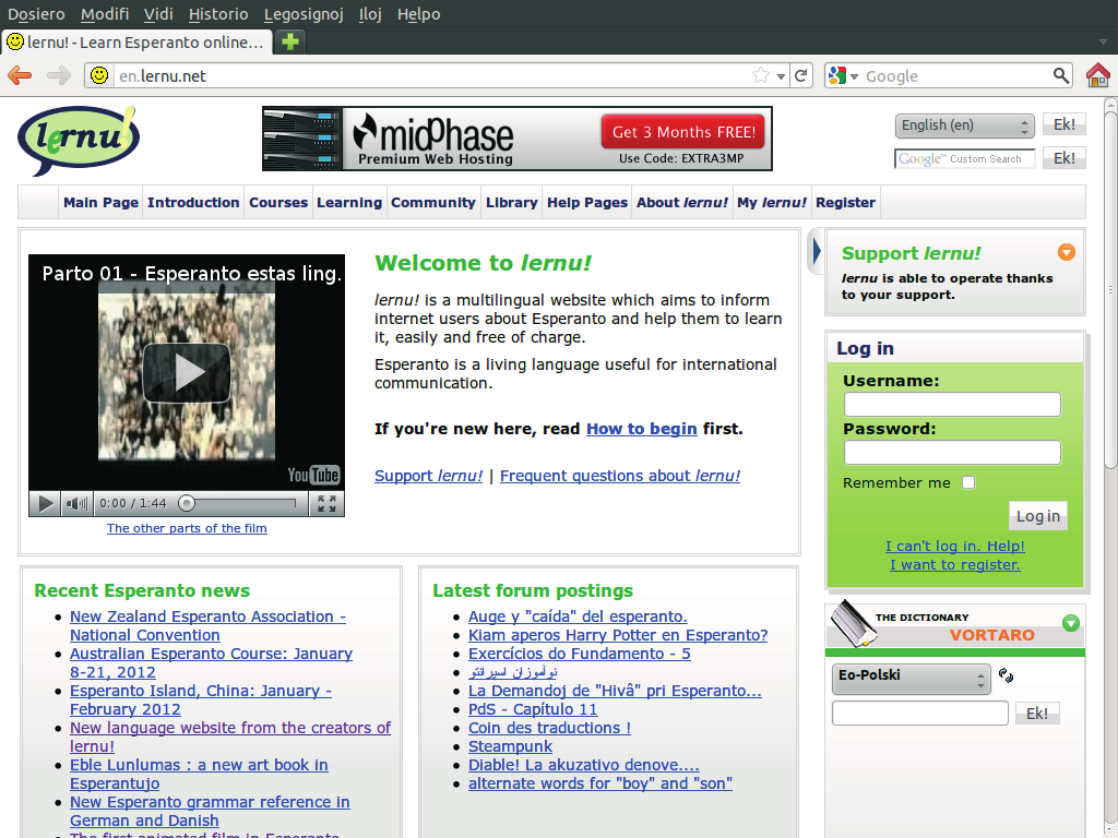 Language Learning Through the Internet: Nine Years of Experience 53 Esperanto with subtitles in the selected language to the left; the main menu that gives access to all parts of the website at the