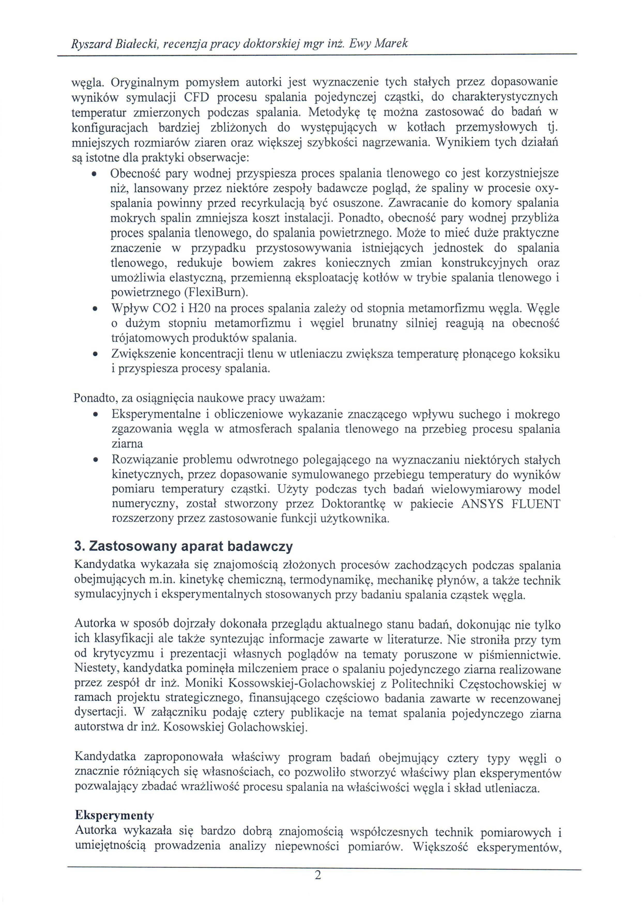Ryszard Białecki, recenzja pracy doktorskiej mgr inż. Ewy Marek węgla.