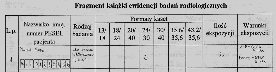 Poprawny wpis do książki ewidencji badań radiologicznych Ad. VIII. Praca egzaminacyjna jako całość Większość prac egzaminacyjnych była poprawna pod względem merytorycznym.