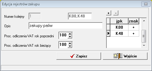 Po prawej stronie okna edycyjnego sektora rejestru VAT znajduje się tabelka z pozycjami pliku jpk do której mają być zsumowane zapisy księgowe wprowadzone do tego rejestru.