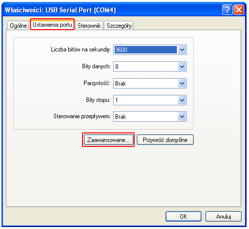 Następnym krokiem jest wejście na właściwości urządzenia USB Serial Port odpowiednia opcja w menu