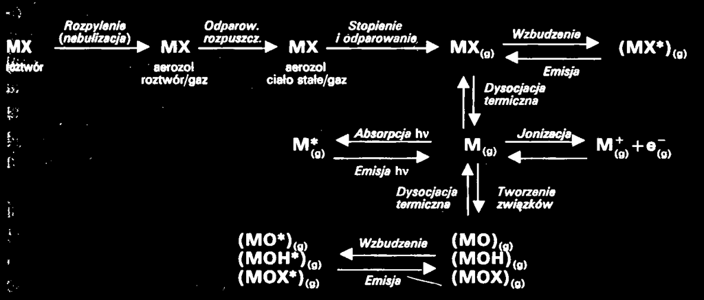 Procesy zachodzące po wprowadzeniu próbki do atomizera płomieniowego Mieszaniny gazów stosowane w metodzie F-AAS to: gaz miejski-powietrze (T = 1980 K), propan-butan-powietrze (T = 2200 K),