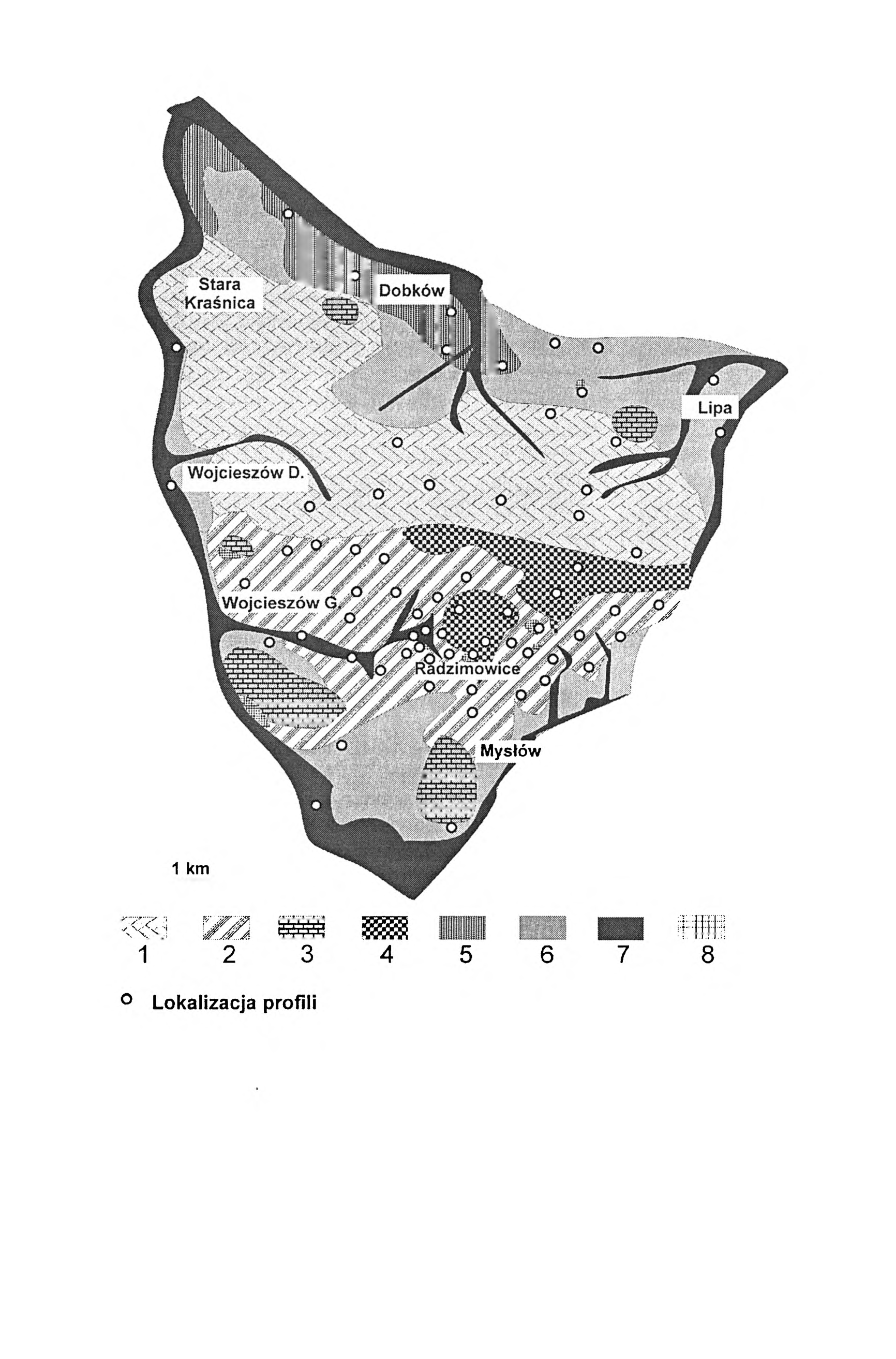 114 A. Karczewska, A. Bogda, В. Gałka RYSUNEK 1. Lokalizacja profili glebowych na tle uproszczonej mapy geologicznej rejonu Żeleźniaka: 1.