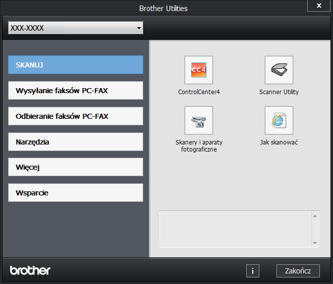 Rozdział 1 Korzystanie z programów Brother Utilities (Windows ) 1 Brother Utilities to program do uruchamiania aplikacji, który zapewnia wygodny dostęp do wszystkich aplikacji Brother zainstalowanych