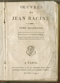 Il. 1. Po lewej: strona tytułowa Dzieł Racine a (Paryż, 1799). Format: 8,1 x 12,4. Po prawej: strona tytułowa Dzieł wszystkich Voltaire a.