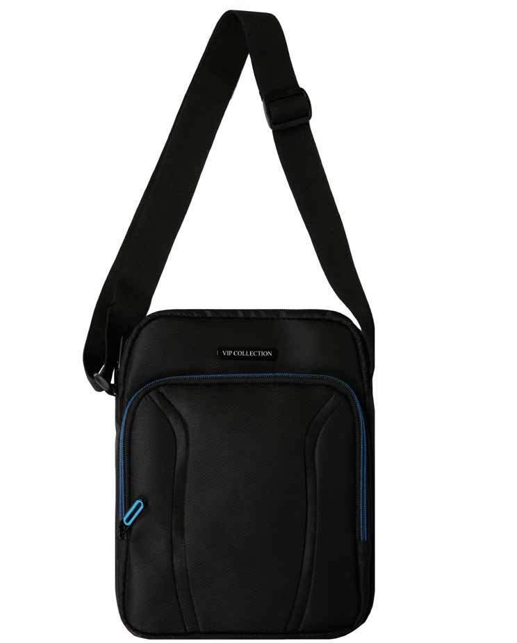 Torba na ramię 28 x 22 x 5 cm 0,3 kg Mała, funkcjonalna torba na ramię w kolorze czarnym z dodatkiem koloru niebieskiego.