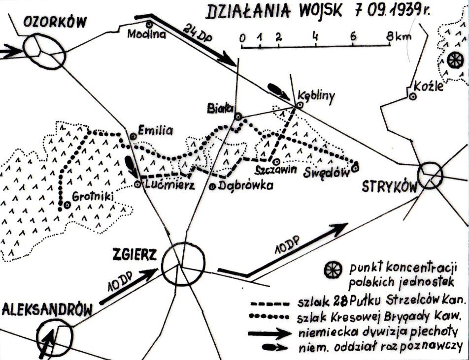 Trasa 73 Szlakiem bojowym Kresowej Brygady Kawalerii odtworzonym z dnia 7 września 1939 r. W tekście użyto następujących skrótów: BK - Brygada Kawalerii, p.uł.