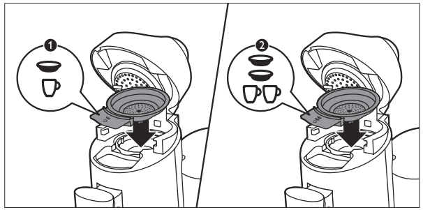 Jeśli chcesz przygotować jedna filiżankę kawy SENSO umieść uchwyt na kapsułki dla jednej filiżanki w urządzeniu (1).