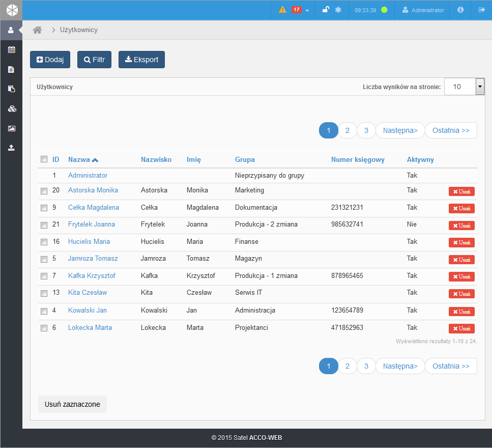 SATEL ACCO-WEB 9 Rys. 6. Lista użytkowników. Możesz kliknąć kursorem na nazwę kolumny, żeby posortować dane użytkowników według nazwy kolumny.